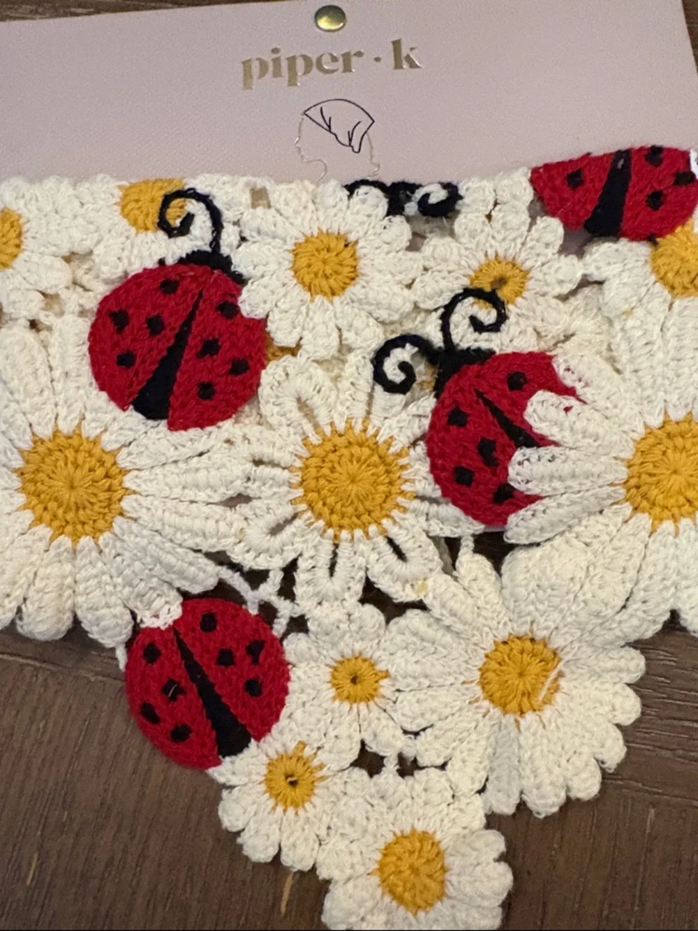 Piper Crochet Daisy Hair Scarf with Red Ladybug Appliqués